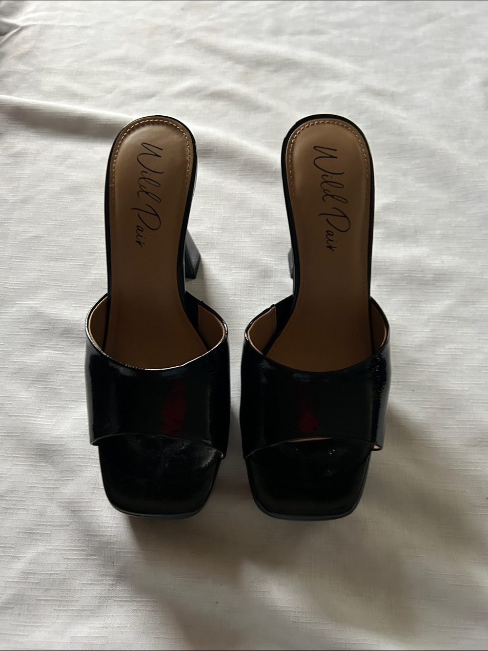 Wild Pair Black Patent Open-Toe Slide Heels